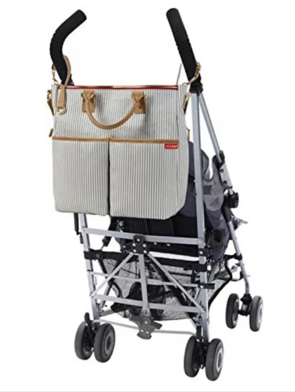 SKIP HOP  Cream & Tan Striped DIAPER BAG with Red Zip Accents